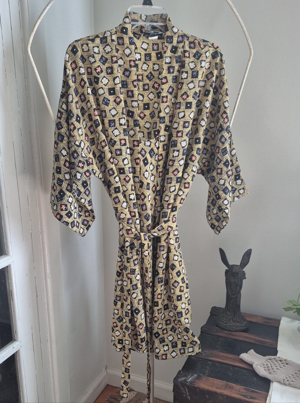 Vintage Kimono Robe And Slip in Mustard and Black Geometric Floral Print .